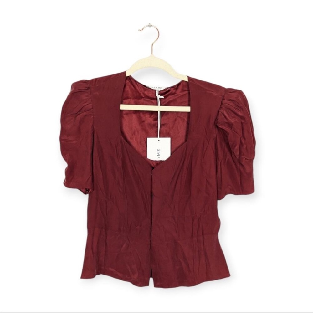 NWT FRAME Oxblood Silk Shirred Short Sleeve Top Size Small w tags $328